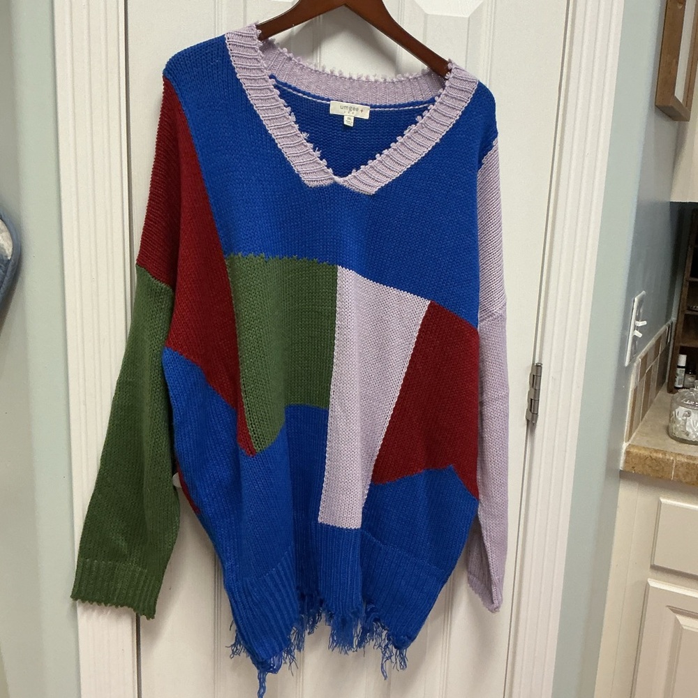 Umgee SZ 2X Colorblock Frayed Hem Knit Sweater Cozy Soft Vneck tunic